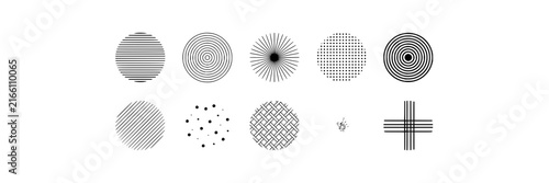Circular patterns set with radial designs featuring halftone, concentric circles, line texture, and dot pattern with geometric shapes and texture