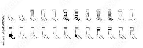 Sock set with various styles featuring ankle socks, knee-high socks, patterned socks with stripes and polka dots with texture and monochrome