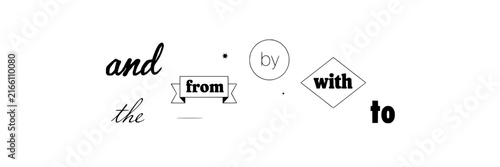 Text elements set with handwritten typography featuring prepositions, connectors, and geometric shapes with arrows and circles