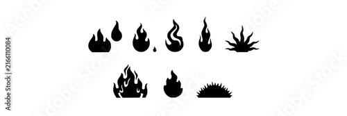 Flame set with diverse shapes featuring stylized fire, abstract design, silhouette, vector graphics, and black shapes