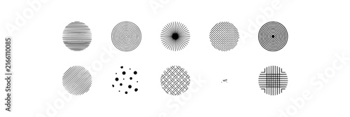Circular patterns set with geometric designs featuring radial lines, concentric circles, dotted texture, and crosshatch with diagonal stripes and small squares