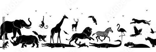 Animal set with detailed silhouettes featuring elephant, giraffe, lion with zebra, rhino and leopard