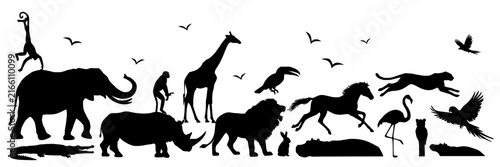 Wildlife set with black silhouettes featuring elephant, giraffe, lion, rhino with cheetah, horse and birds