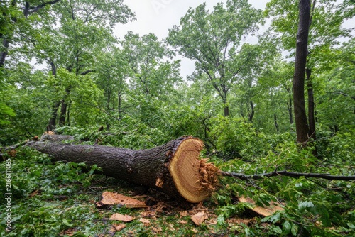 Fallen tree trunk amidst a forest after storm