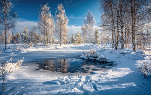 Winter wonderland scene of frosted trees and a frozen pond