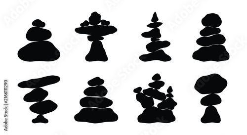 Stacked stone silhouettes depict balanced rock formations on a white background