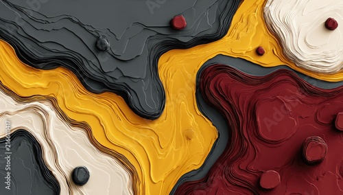 Abstract layered relief map in shades of dark gray, yellow, cream, and burgundy