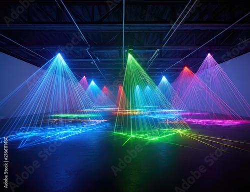 Colorful laser beams crisscross a dark space