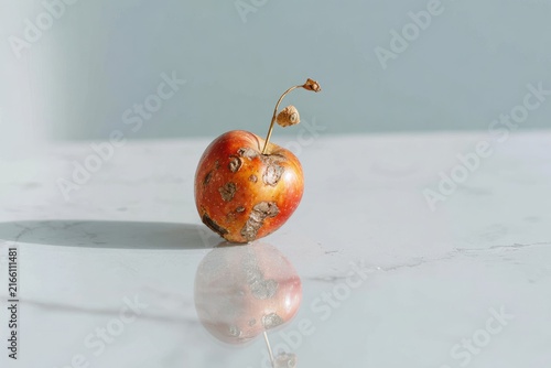A weathered apple on a marble surface