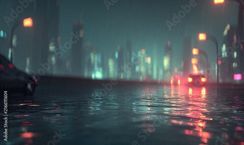 Rainy night city flood.  Cars on water.  Neon lights