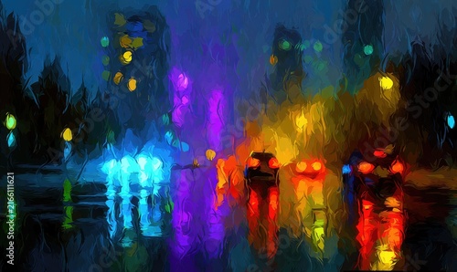 Cityscape at night, rain, vibrant colors, abstract, textured