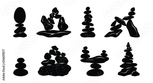 Stacked stone silhouettes depict balanced rock formations on a white background