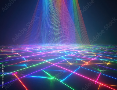 Abstract digital art with vibrant, intersecting lines and beams of light radiating from above, creating a dynamic, futuristic platform effect