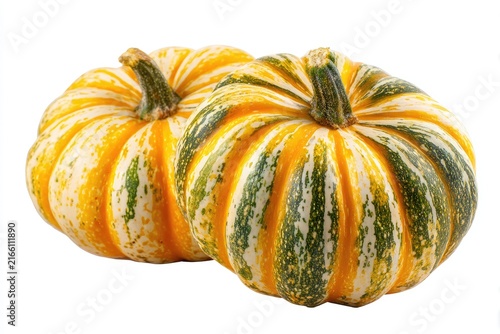 Two small decorative pumpkins, yellow, green, and orange stripes