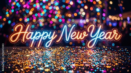 Colorful Neon Happy New Year Party Sign