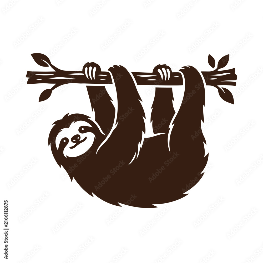 Naklejka premium A simple brown vector illustration of a cute sloth hanging from a tree branch on white background