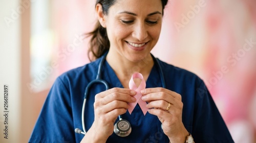 Nurse Holding Pink Breast Cancer Awareness Ribbon