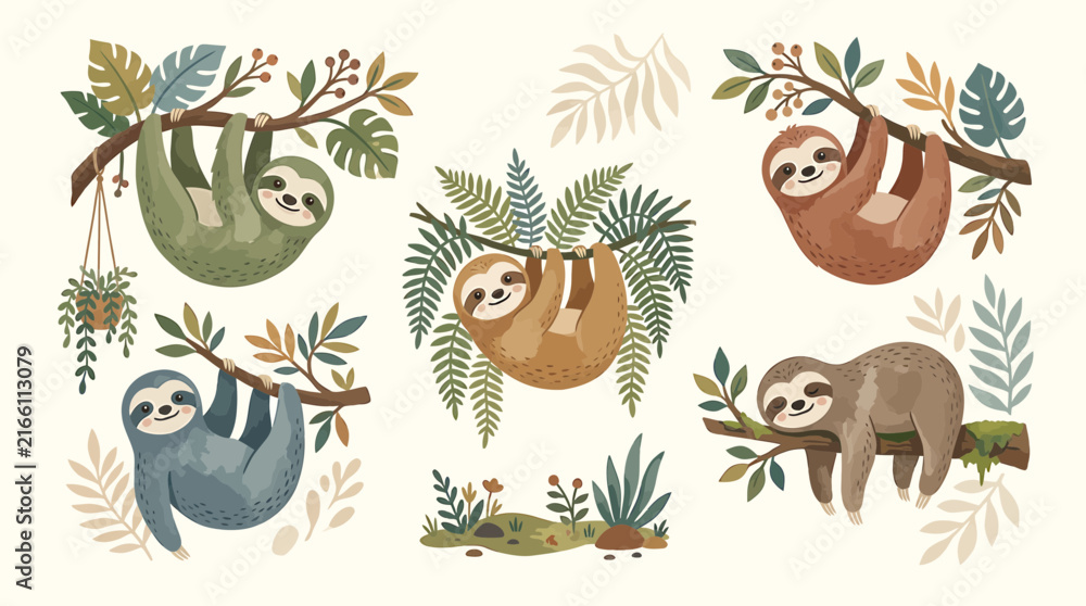 Naklejka premium Cute Sloth Collection Hanging on Branches with Tropical Leaves Isolated