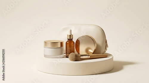 Set of beauty skincare products with face cream serum bottle and makeup brush on a round display base. beauty kit deals