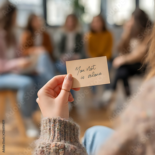 Hand holding a card with the message you not alone in a group setting