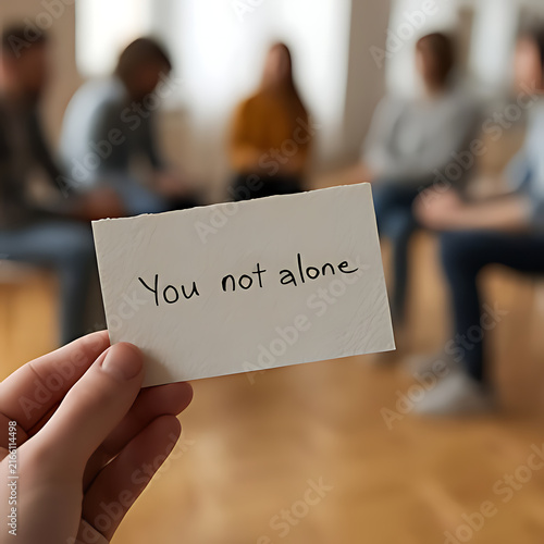 Hand holding a card with the message you not alone in a group setting