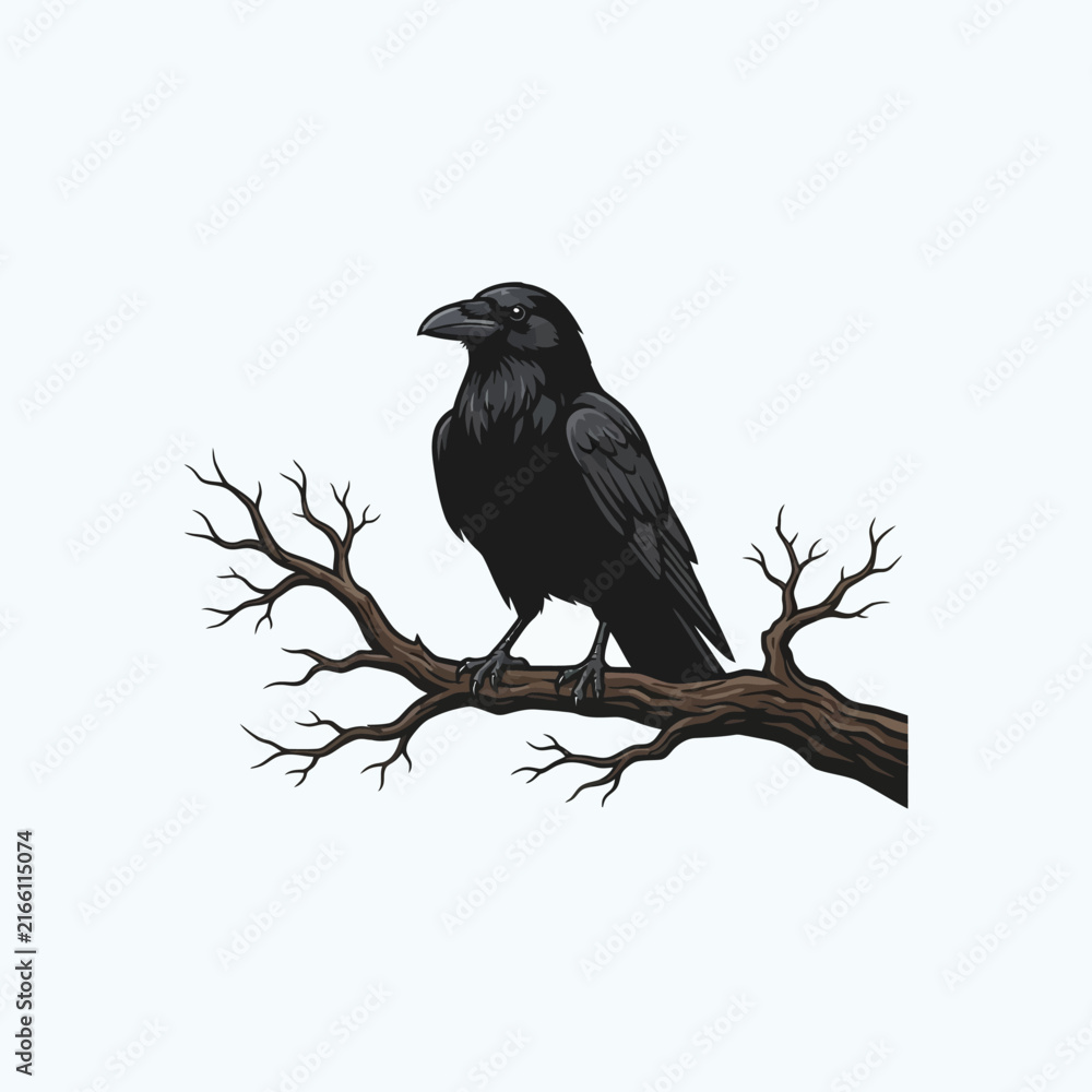 Fototapeta premium Halloween Raven perched on bare branch illustration, vector bird on tree limb, dark feathered crow nature silhouette, moody gothic animal graphic icon