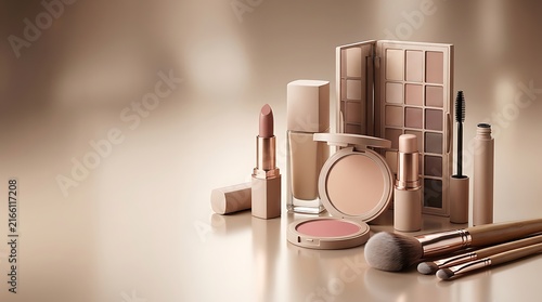 Set of professional makeup cosmetics and beauty products with brushes on a reflective surface. makeup combo offers