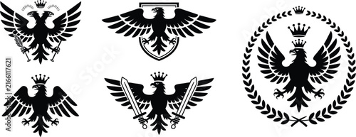 Double headed eagle crest and shield silhouette set featuring heraldic emblems, royal symbols and ornamental designs for logos, badges, coats of arms and traditional branding.