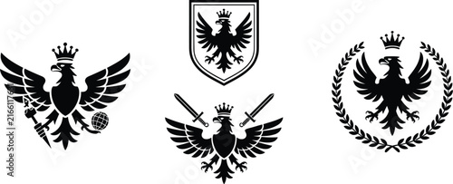 Double headed eagle crest and shield silhouette set featuring heraldic emblems, royal symbols and ornamental designs for logos, badges, coats of arms and traditional branding.
