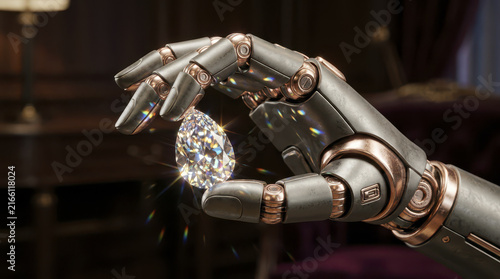 Robotic hand delicately holds sparkling diamond showcasing futuristic collaboration with technology
