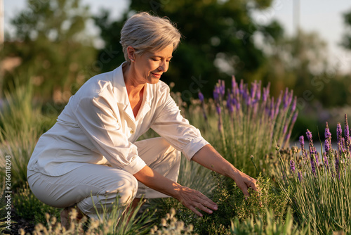 Mature woman gently touching aromatic herbs in therapeutic garden highlighting sensory engagement and restorative nature wellness lifestyle