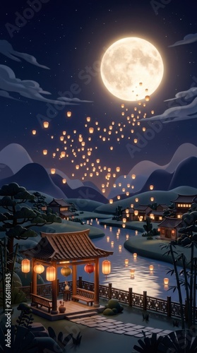 Mid Autumn Festival night landscape showing traditional pavilion by river with floating sky lanterns and large full moon above mountains illustration