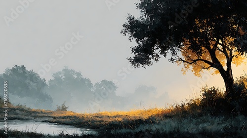 Misty dawn over a tranquil stream with a lone tree silhouetted against golden sunrise light
