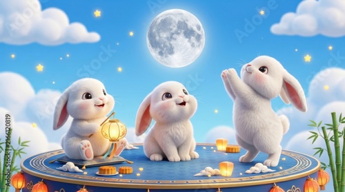 mid autumn moon festival white rabbits on podium holding glowing lantern and mooncakes under full moon in starry night sky with clouds 3D illustration