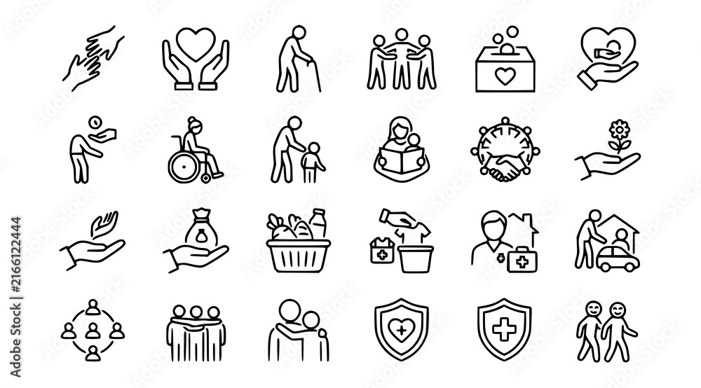 Fototapeta premium Human care and charity icon set with volunteering social help kindness support and community service vector symbols