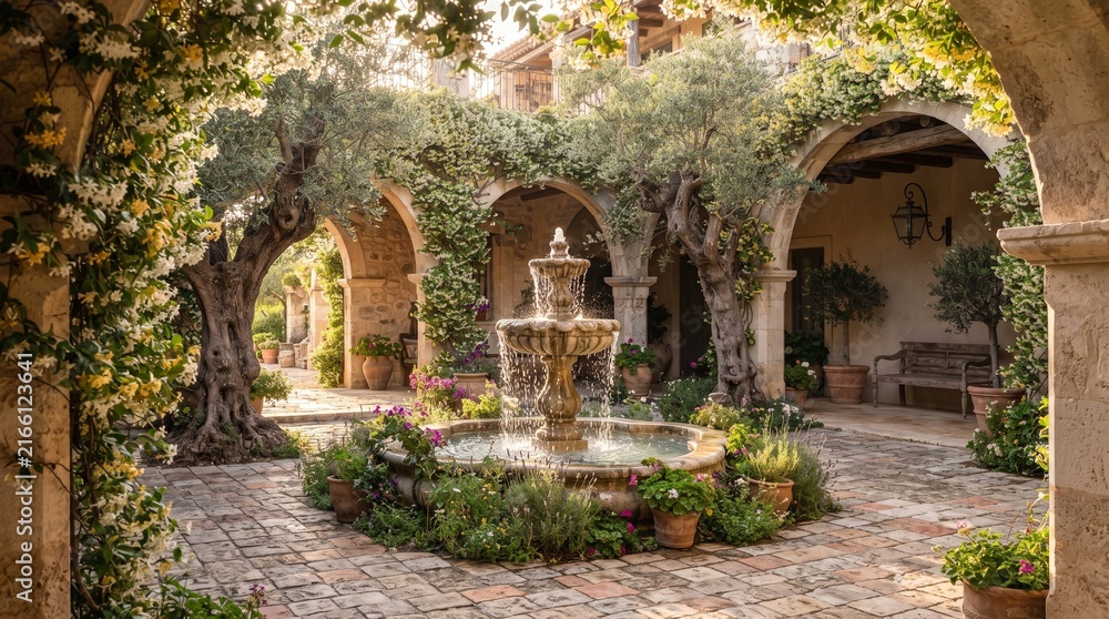 Fototapeta premium Serene courtyard with jasmine and olive trees in sunlight