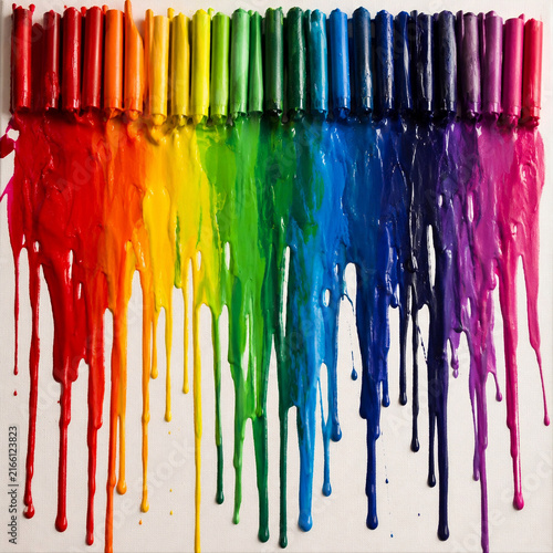 Rainbow Melted Wax Crayon Drips on White Canvas Background
