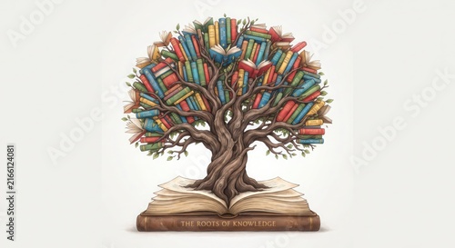 Tree of knowledge growing from antique open book pages