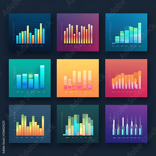 Colorful bar graphs displayed on rectangular cards against an orange backdrop