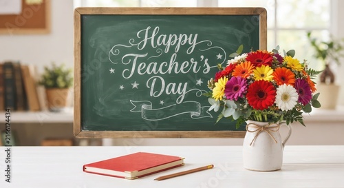 Happy Teachers Day chalkboard with colorful gerbera daisy