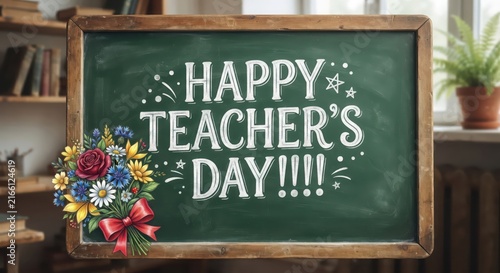 Festive chalkboard with colorful bouquet for teachers