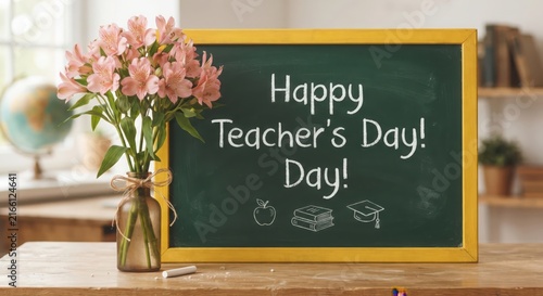 Chalkboard with pink alstroemeria flowers for teachers