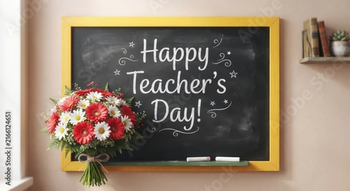 Yellow framed chalkboard with daisy bouquet for school