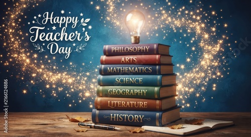 Stack of books with lightbulb for Teacher Day concept