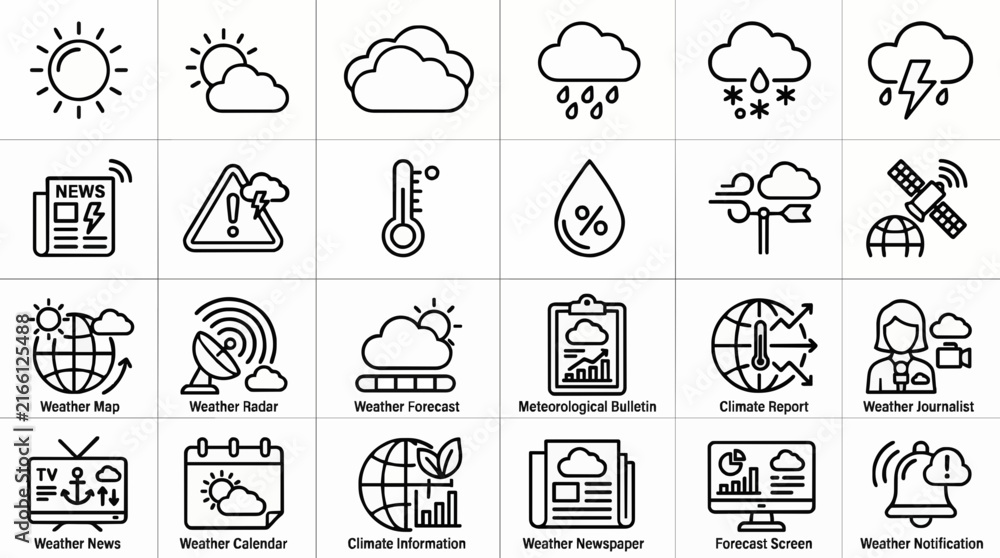Fototapeta premium Weather forecast and news outline vector icon collection for web mobile and print