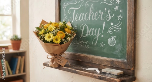 Happy Teachers Day yellow flower bouquet with note tag