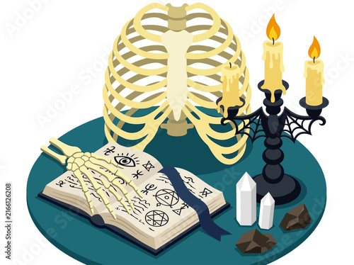 Фотография Isometric occult altar with skeleton ribcage, spellbook and gothic candles