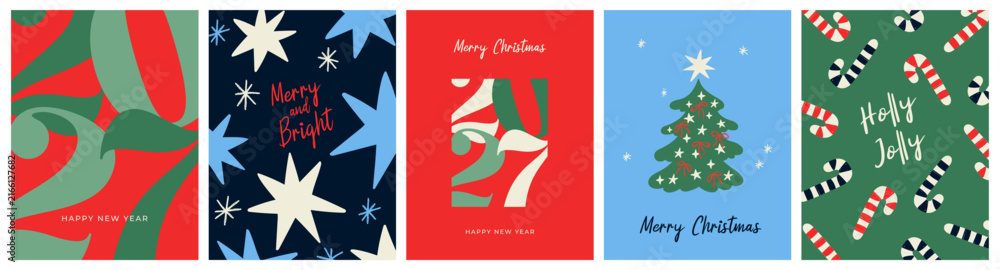 Fototapeta premium Merry Christmas and Happy New Year 2027 greeting cards, backgrounds, posters, holiday covers. Xmas templates with typography and season wishes in modern minimalist style for web, social media, print.