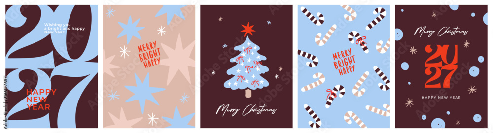 Fototapeta premium Merry Christmas and Happy New Year 2027 backgrounds, greeting cards, posters, holiday covers. Xmas templates with typography and season wishes in modern minimalist style for web, social media, print.