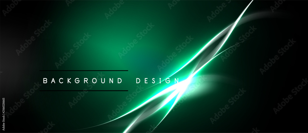 Fototapeta premium Dark green background features bright linear light streaks. Modern design with glowing lines creates dynamic visual effect. Minimalist aesthetic.